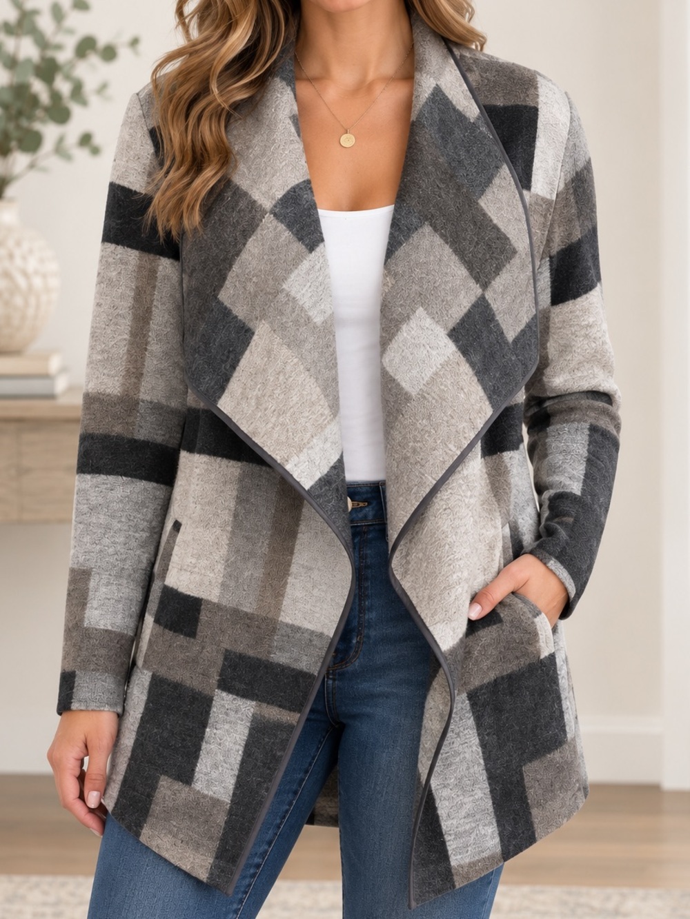 French Connection Plaid Waterfall Coatigan Cardigan Gray Black XL